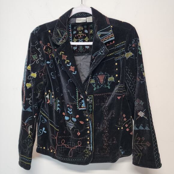 Chicos 1 Black Velvet Embroidered Blazer Jacket Size M 8 Studded Boho Whimsigoth - Picture 14 of 15